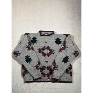Vintage 90s Woolrich Handknit Nordic Wool Sweater Womens Size L Xmas FLAW